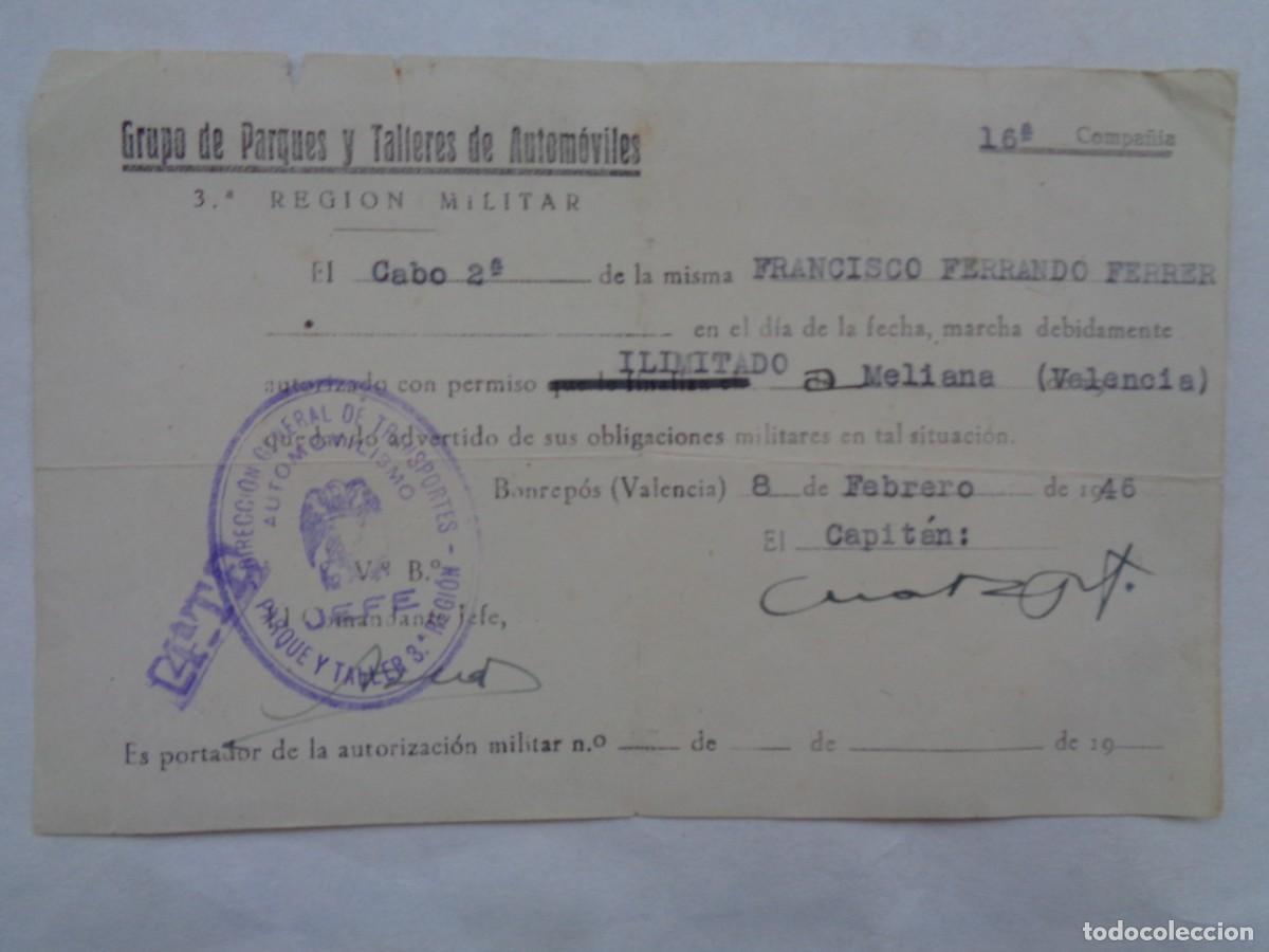 Militaria: GRUPO DE PARQUES Y TALLERES DE AUTOMOVILES 3&ordf; REGION MILITAR: PERMISO A MELIANA. BONREP&Oacute;S 1946