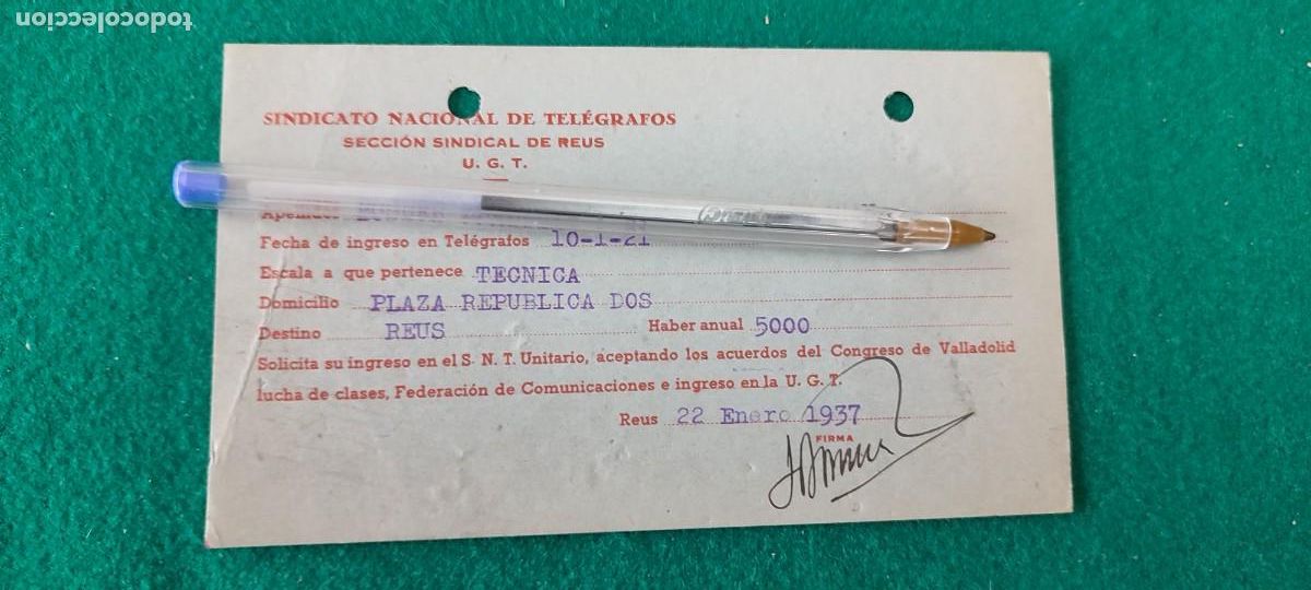 Militaria: Documento Rep&uacute;blica guerra civil sindicato UGT CNT AIT