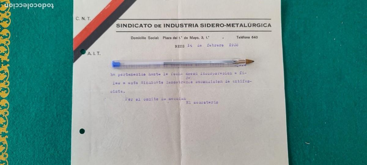 Militaria: Documento Rep&uacute;blica guerra civil sindicato UGT CNT AIT