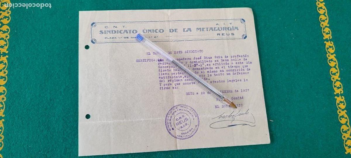 Militaria: Documento Rep&uacute;blica guerra civil sindicato UGT CNT AIT