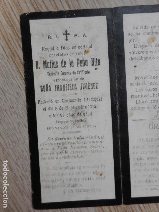 Militaria: RECUERDO FUNERAL. D. MATIAS DE LA PE&Ntilde;A HITA. TENIENTE CORONEL ARTILLERIA. CARMONITA BADAJOZ 1916