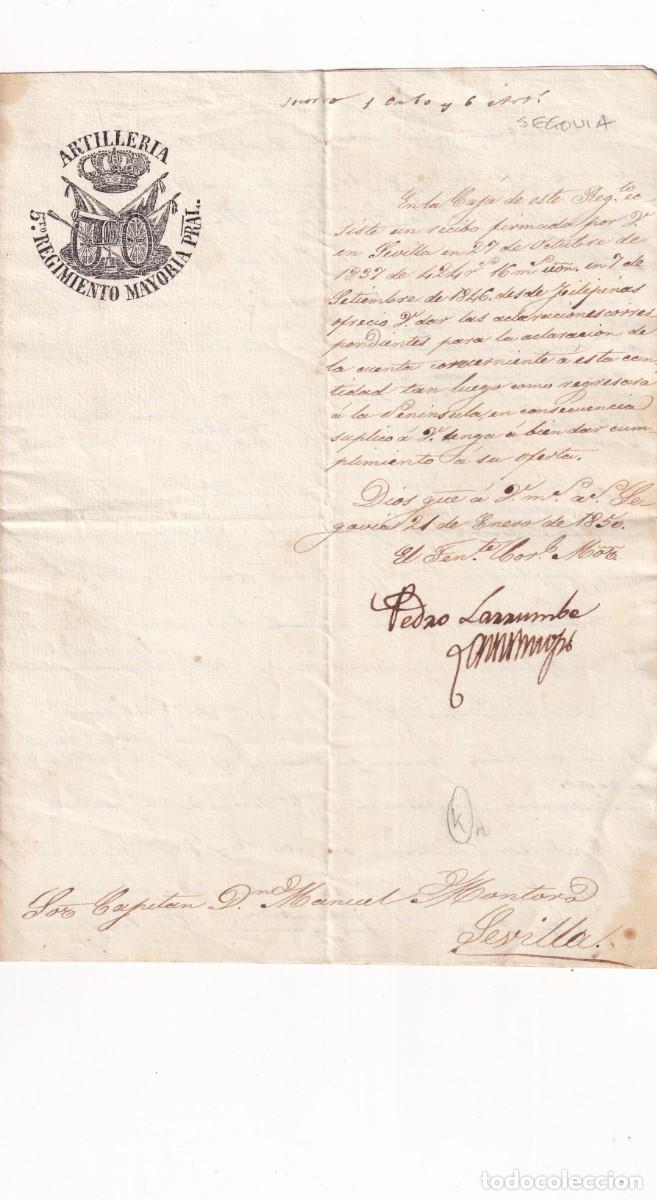 Militaria: Documento militar Artilleria Regimiento Mayoria Prat Sevilla Firma Pedro Larrumbe Segovia.