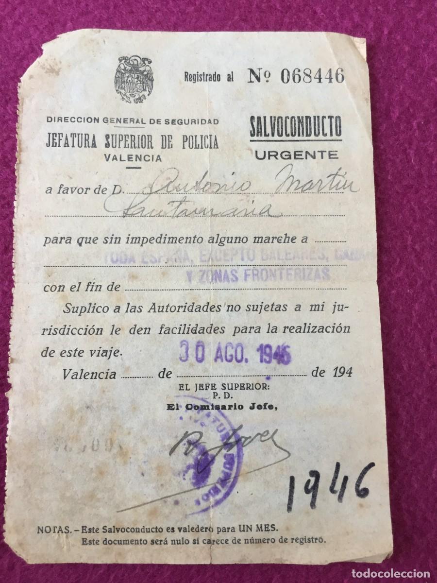 Military Antiques: 1946 VALENCIA. SALVOCONDUCTO URGENTE. TODA ESPA&Ntilde;A EXCEPTO BALEARES, CANARIAS Y ZONAS FRONTERIZAS