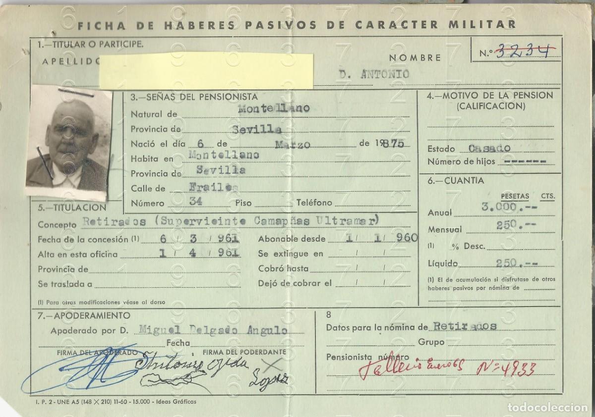 Militaria: MONTELLANO SEVILLA GUERRA CUBA Y FILIPINAS COMBATIENTE FICHA PENSION L47