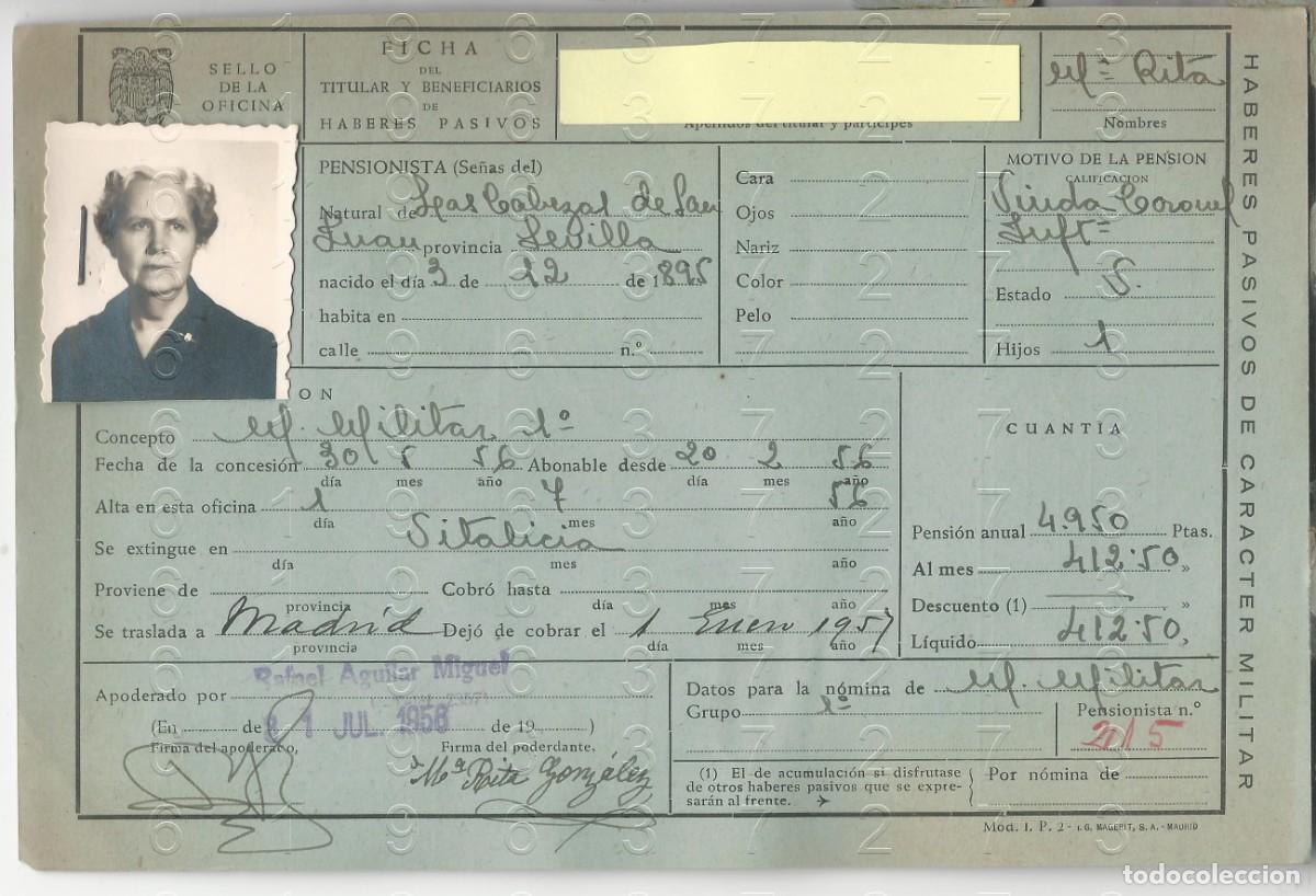 Militaria: LAS CABEZAS DE SAN JUAN CORONEL DE INFANTERIA VIUDA FICHA PENSION L47