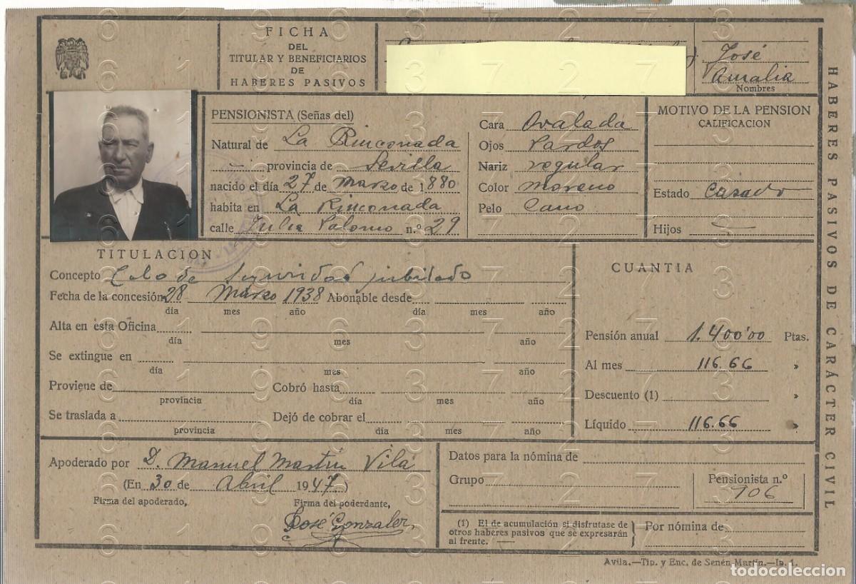 Militaria: LA RINCONADA SEVILLA CABO SANIDAD FICHA PENSION L47
