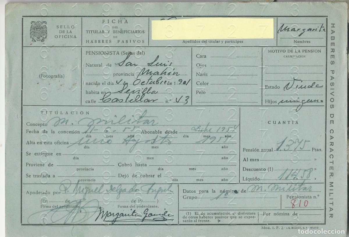 Militaria: SAN LUIS MAHON SEVILLA MILITAR VIUDA FICHA PENSION L47
