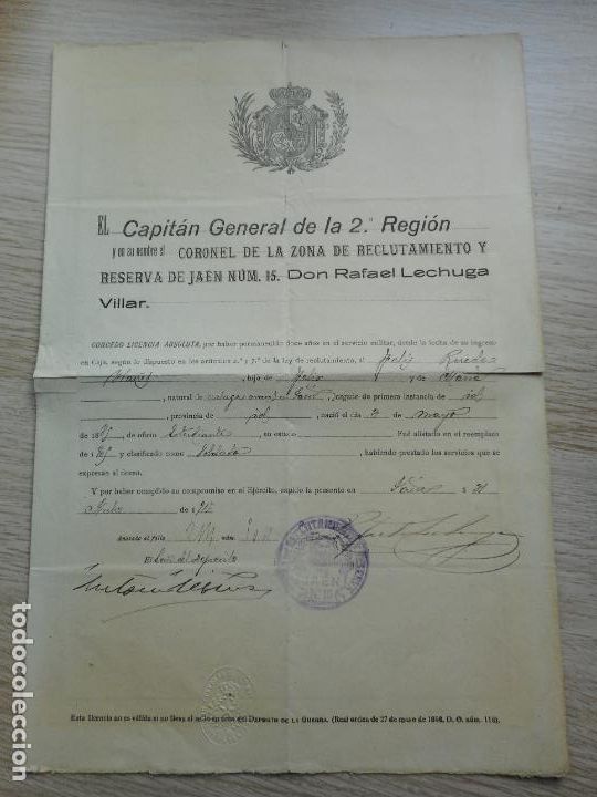 Military Antiques: ANTIGUO CERTIFICADO LICENCIA MILITAR. CAPITAN GENERAL 2&ordf; REGION JAEN 1931. FELIX RUEDA IBA&Ntilde;EZ