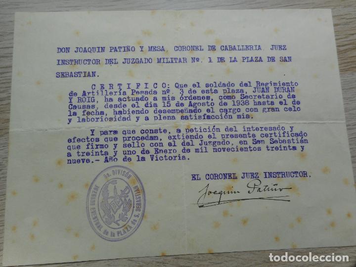 Military Antiques: CERTIFICADO JOAQUIN PATI&Ntilde;O MESA CORONEL ARTILLERIA SAN SEBASTIAN 1939. GUERRA CIVIL. DURAN ROIG