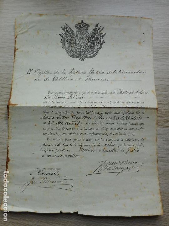 Military Antiques: CERTIFICADO PROMOCION MILITAR A CABO. EDUARDO RIVERO PELLICER. COMANDANCIA ARTILLERIA MENORCA 1908
