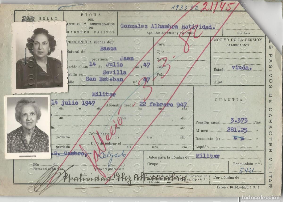 Militaria: BAEZA JAEN MILITAR VIUDA FICHA PENSION 21X14 L48