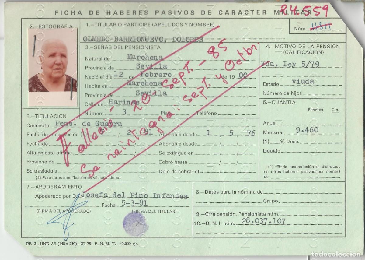 Militaria: MARCHENA SEVILLA MILITAR REPUBLICANO VIUDA FICHA PENSION DE GUERRA 21X14 L48