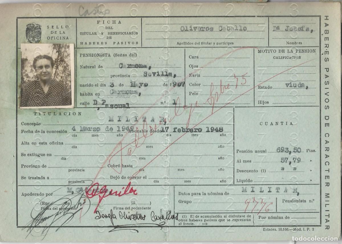 Militaria: CARMONA SEVILLA MILITAR VIUDA FICHA PENSION 21X14 L48