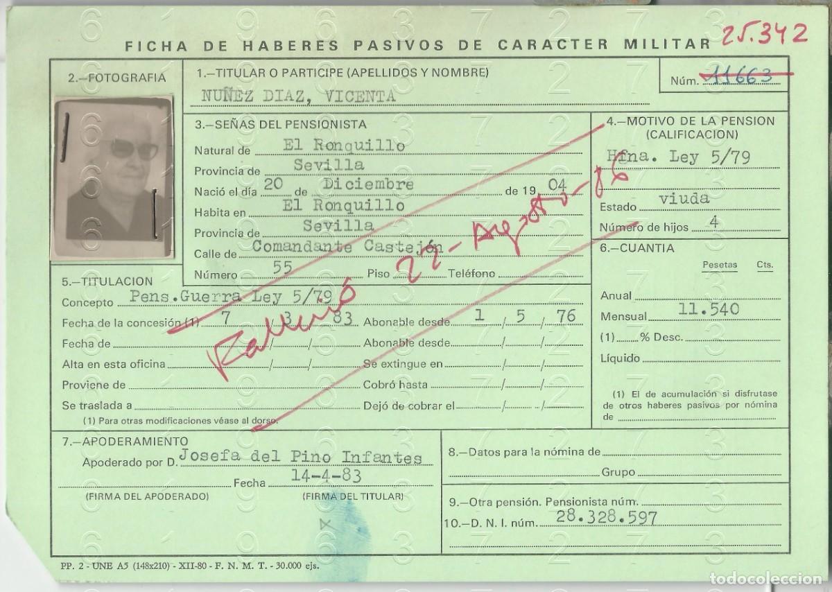 Militaria: EL RONQUILLO SEVILLA MILITAR REPUBLICANO HUERFANA FICHA PENSION 21X14 L48