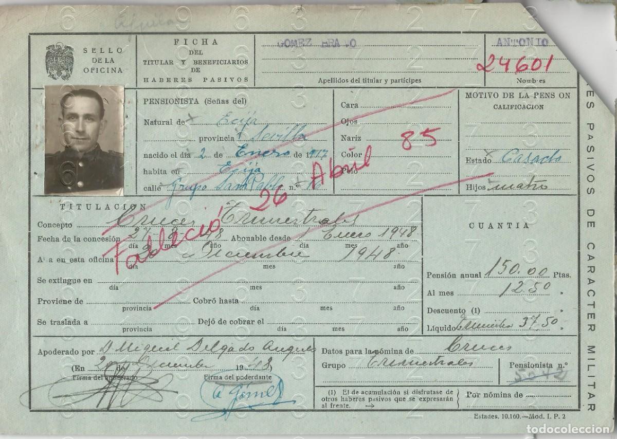 Militaria: ECIJA SEVILLA MILITAR CRUCES PENSIONADAS FICHA PENSION 21X14 L48