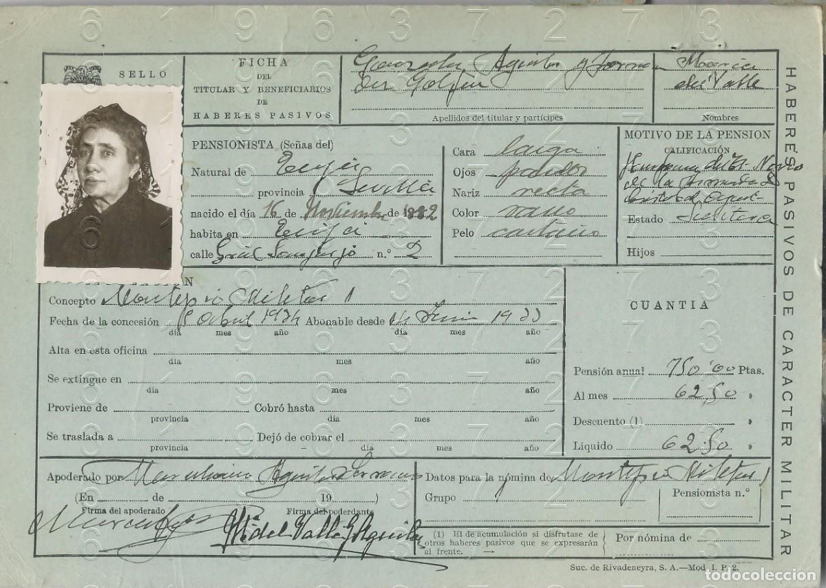 Military Antiques: ECIJA SEVILLA TENIENTE DE NAVIO HUERFANA FICHA PENSION 21X14 L48