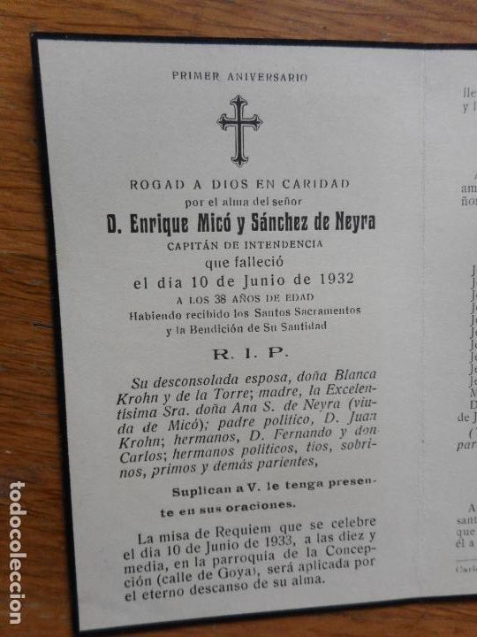 Militaria: RECUERDO FUNERAL D. ENRIQUE MICO Y SANCHEZ DE NEYRA. CAPITAN ENTENDENCIA. MADRID? 1932