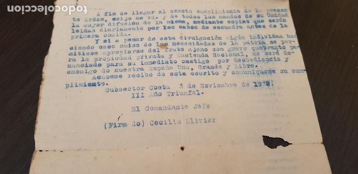 Militaria: SUBSECTOR COSTA 3 DE NOVIEMBRE DE 1938 EL COMANDANTE JEFE COTILLO OLIVIER -DOCUMENTO