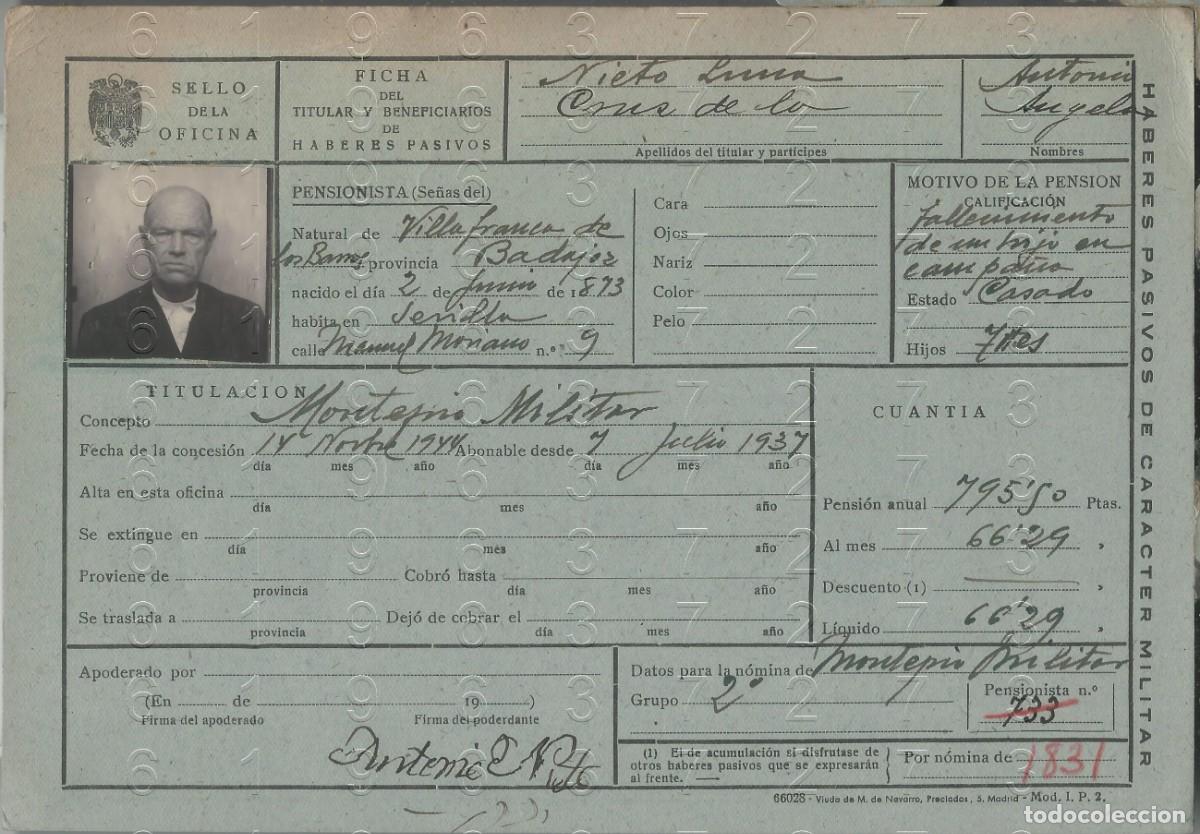 Military Antiques: VILLAFRANCA DE LOS BARROS HIJO CAIDO EN GUERRA CIVIL FICHA PENSION 22X15 L57