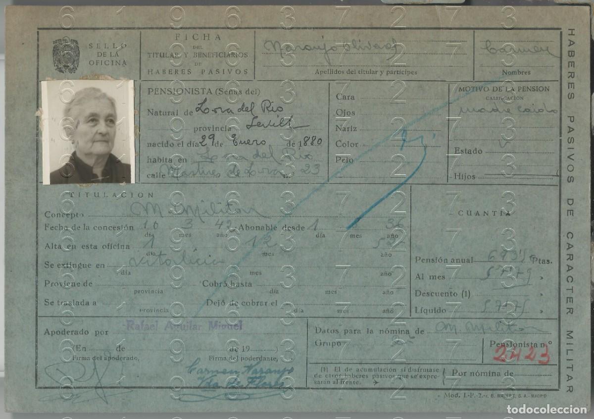 Military Antiques: LORA DEL RIO CAIDO GUERRA CIVIL FICHA PENSION 22X15 L57