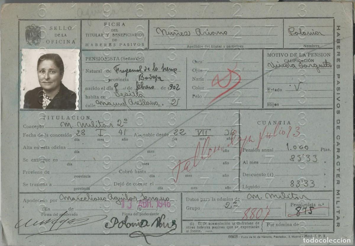 Military Antiques: FREGENAL DE LA SIERRA SARGENTO CAIDO GUERRA CIVIL FICHA PENSION 22X15 L57