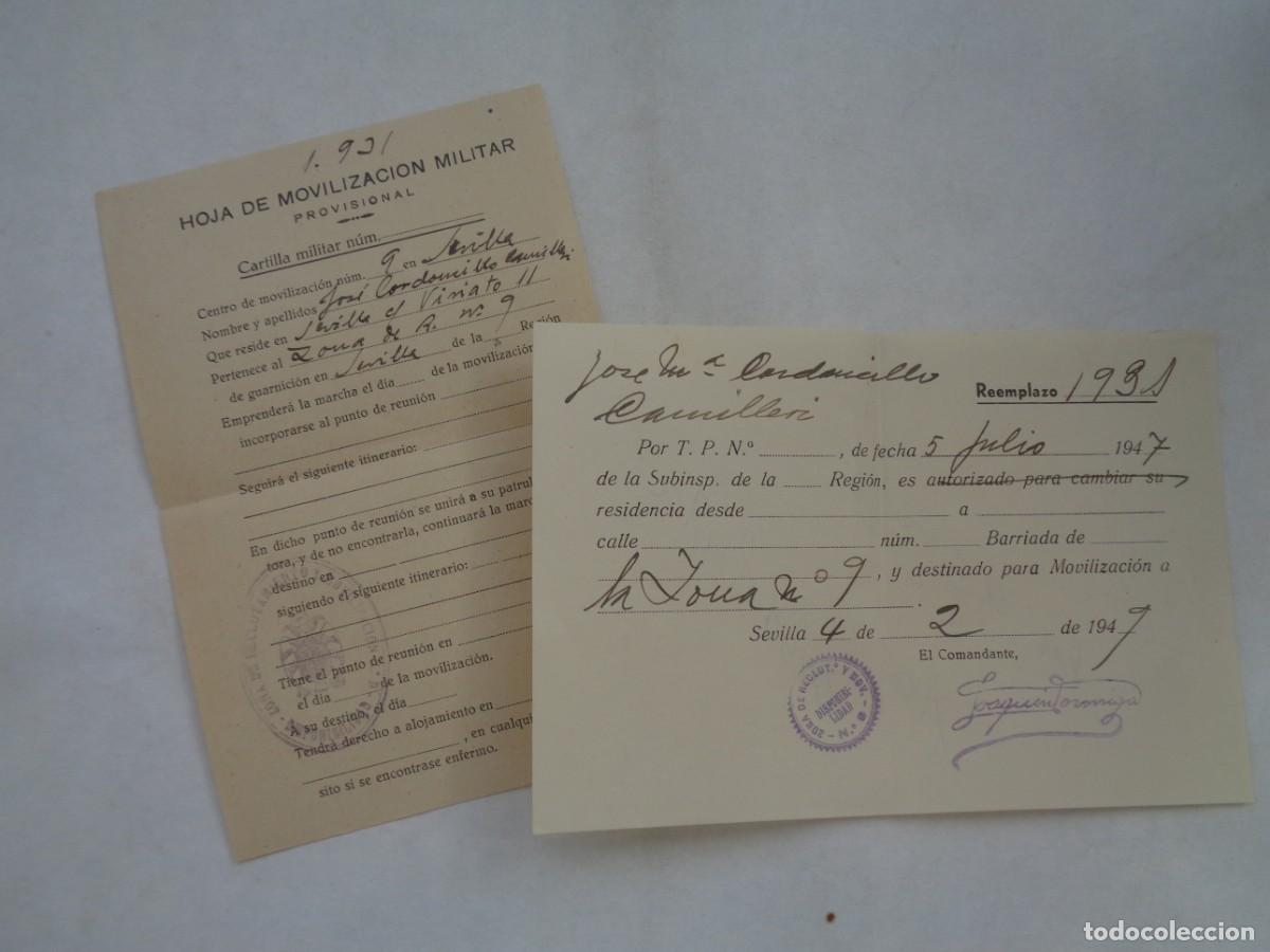 Militaria: LOTE DE 2 RECIBOS DE MILITAR DESMOVILIZADO PARA VOLVER A SU CASA . SEVILLA, 1949