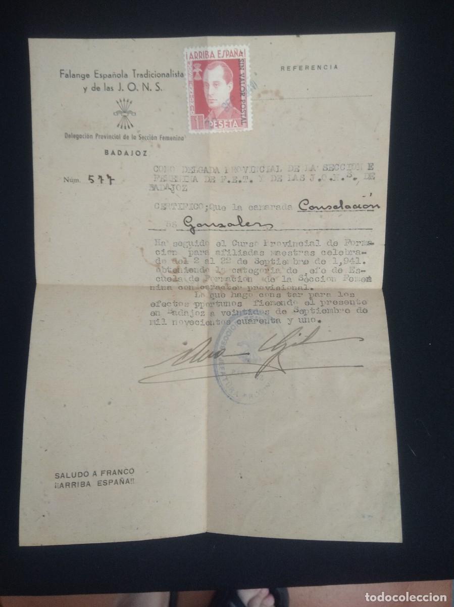 Military Antiques: Antiguo papel o documento Delegacion Provincial de la Seccion femenina-Badajoz a&ntilde;o 1941