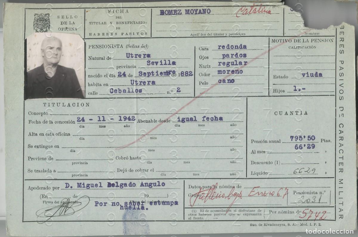 Military Antiques: UTRERA SEVILLA VIUDA MILITAR FICHA PENSION 22X15 L56
