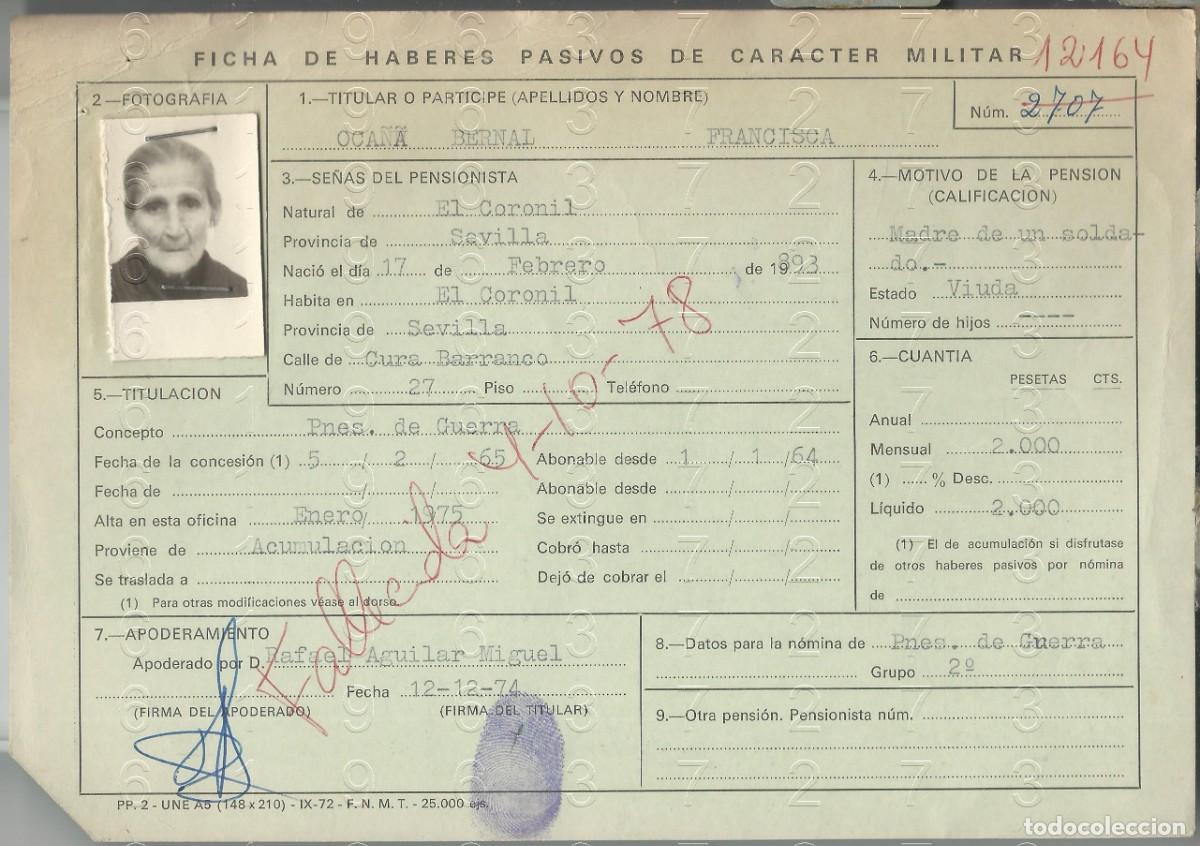 Military Antiques: EL CORONIL SEVILLA MADRE SOLDADO FICHA PENSION 22X15 L56