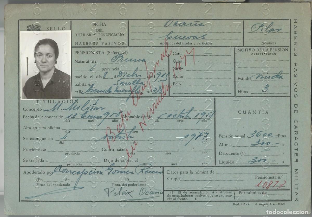 Military Antiques: PRUNA SEVILLA VIUDA MILITAR FICHA PENSION 22X15 L56