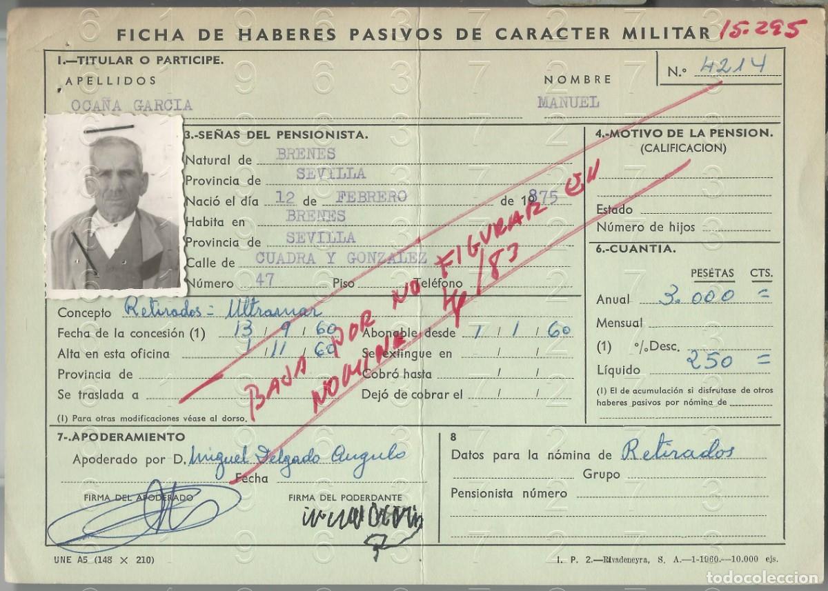 Military Antiques: BRENES SEVILLA EXCOMBATIENTE ULTRAMAR FICHA PENSION 22X15 L56