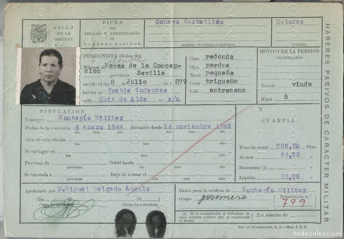 Military Antiques: NAVAS DE LA CONCEPCION PUEBLA DE LOS INFANTES VIUDA MILITAR FICHA PENSION 22X15 L56