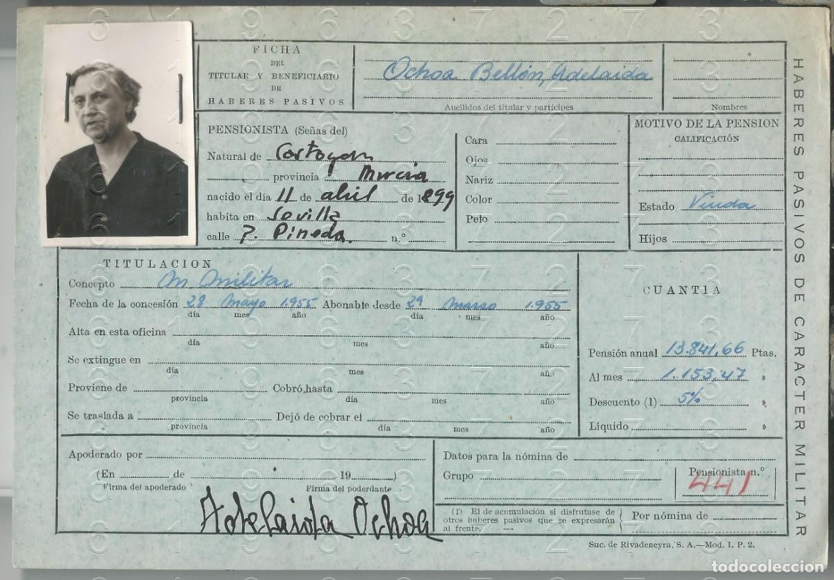 Military Antiques: CARTAGENA SEVILLA MADRE MILITAR FICHA PENSION 22X15 L56