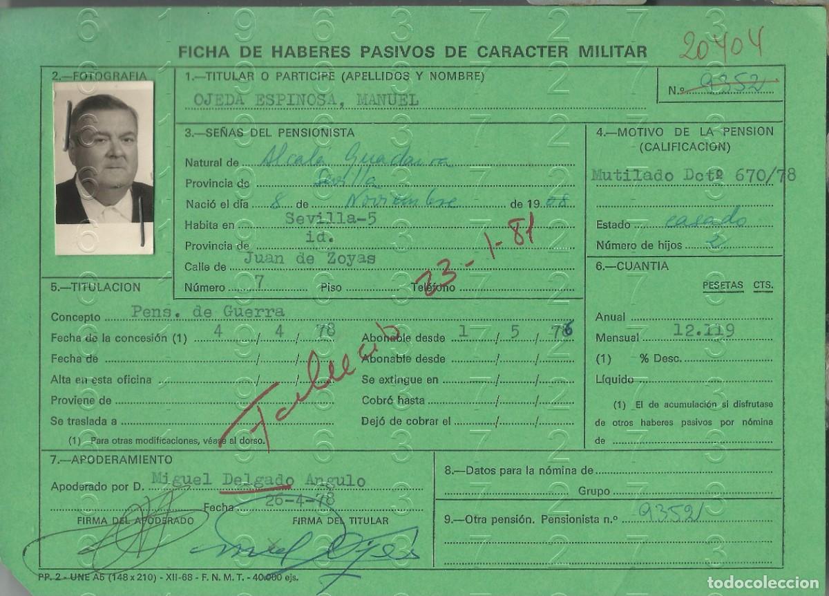 Military Antiques: ALCALA DE GUADAIRA MILITAR REPUBLICANO FICHA PENSION 22X15 L56