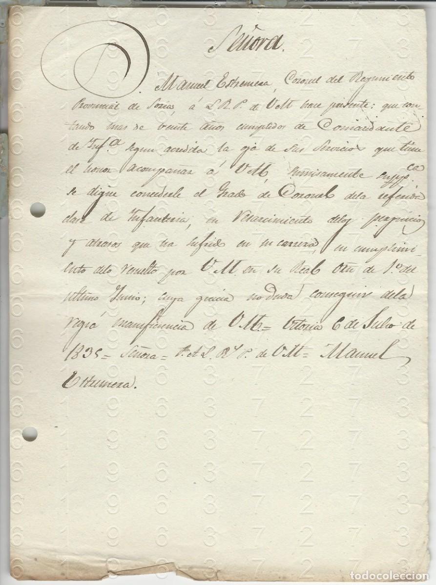Military Antiques: 1835 ASCENSO A CORONEL REGIMIENTO SORIA SOLICITUD 1 HOJA 20CM L58
