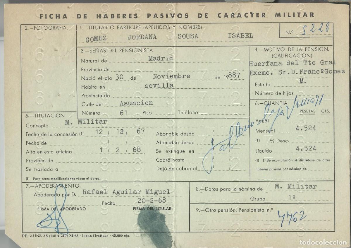 Militaria: GENERAL CONDE DE JORDANA HUERFANA MADRID FICHA PENSION L59