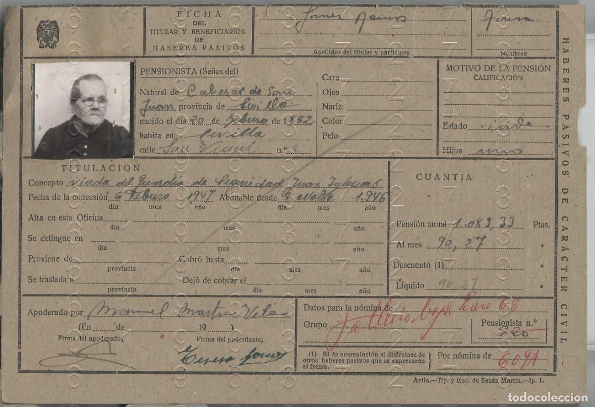 Militaria: LAS CABEZAS DE SAN JUAN VIUDA GUARDIA SEGURIDAD FICHA PENSION L59