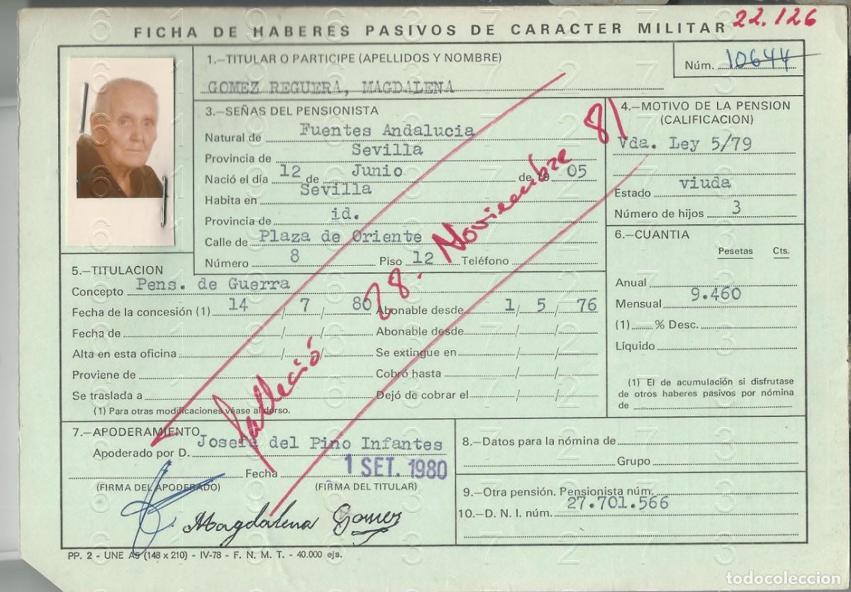 Militaria: FUENTES DE ANDALUCIA SEVILLA MILITAR REPUBLICANO VIUDA FICHA PENSION L59