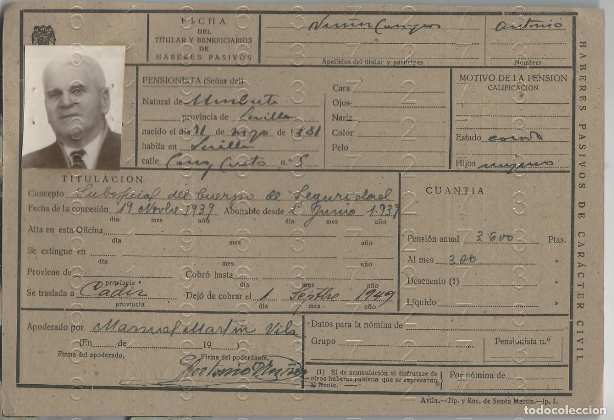 Militaria: UMBRETE SEVILLA SUBOFICIAL FICHA PENSION 22X15 L59