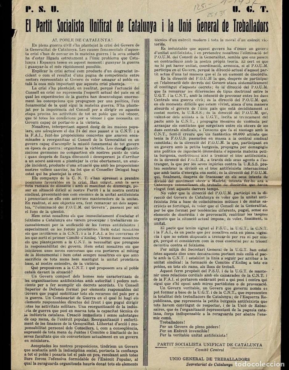 Militaria: 1- P.S.U. - U. G. T. Guerra Civil Comunicado politico al Pueblo Catalan del PARTIT SOCIALISTA UNIFIC
