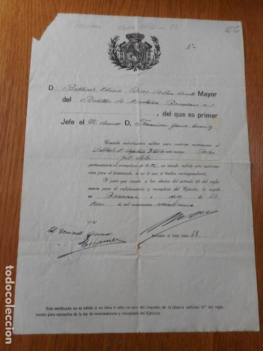 Militaria: ANTIGUA AUTORIZACION MATRIMONIO. PEDRO GIL SOLA. BATALLON MONTA&Ntilde;A BARCELONA N&ordm; 1 1929