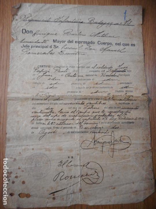 Militaria: ANTIGUO CERTIFICADO MILITAR REGIMIENTO INFANTERIA BADAJOZ N&ordm; 73. BARCELONA 1928. JOSE PERFU&Ntilde;A PRATS