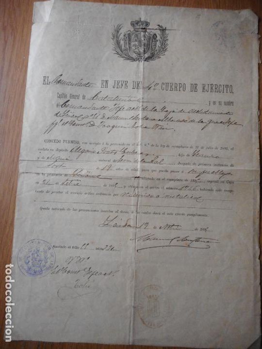 Militaria: ANTIGUO PERMISO MILITAR ZONA RECLUTAMIENTO LLEIDA SORT LERIDA 1899. OLEGARIO PRATS