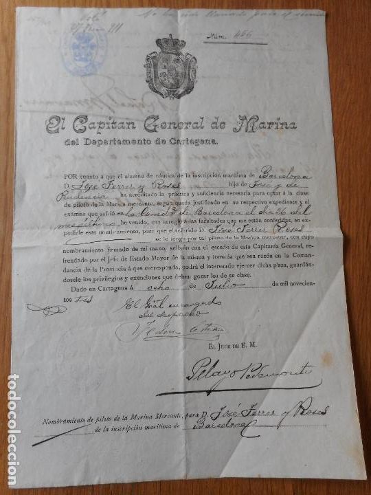 Militaria: ANTIGUO CERTIFICADO PILOTO MARINA MERCANTE. JOSE FERRER ROSES DE BARCELONA. EN CARTAGENA 1903