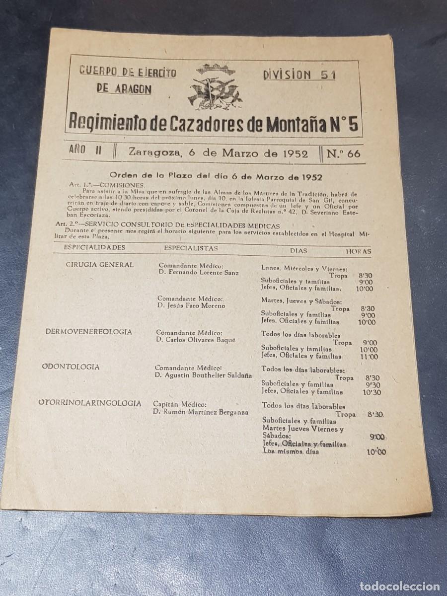 Militaria: Bolet&iacute;n regimiento de cazadores de monta&ntilde;a n&uacute;mero 5 Zaragoza 1952 n&uacute;mero 66 militar