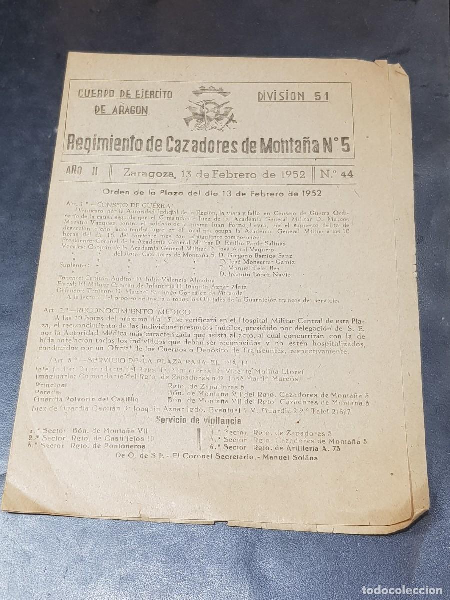 Militaria: Bolet&iacute;n regimiento de cazadores de monta&ntilde;a n&uacute;mero 5 Zaragoza 1952 n&uacute;mero 44 militar