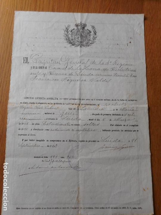 Military Antiques: ANTIGUO CERTIFICADO LICENCIA MILITAR. RECLUTA OLEGARIO PRATS CUBERES. LERIDA LLEIDA 1907