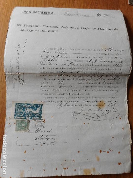 Militaria: ANTIGUO CERTIFICADO MILITAR REEMPLAZO. BARCELONA 1897. SALVADOR TORRE BOADA