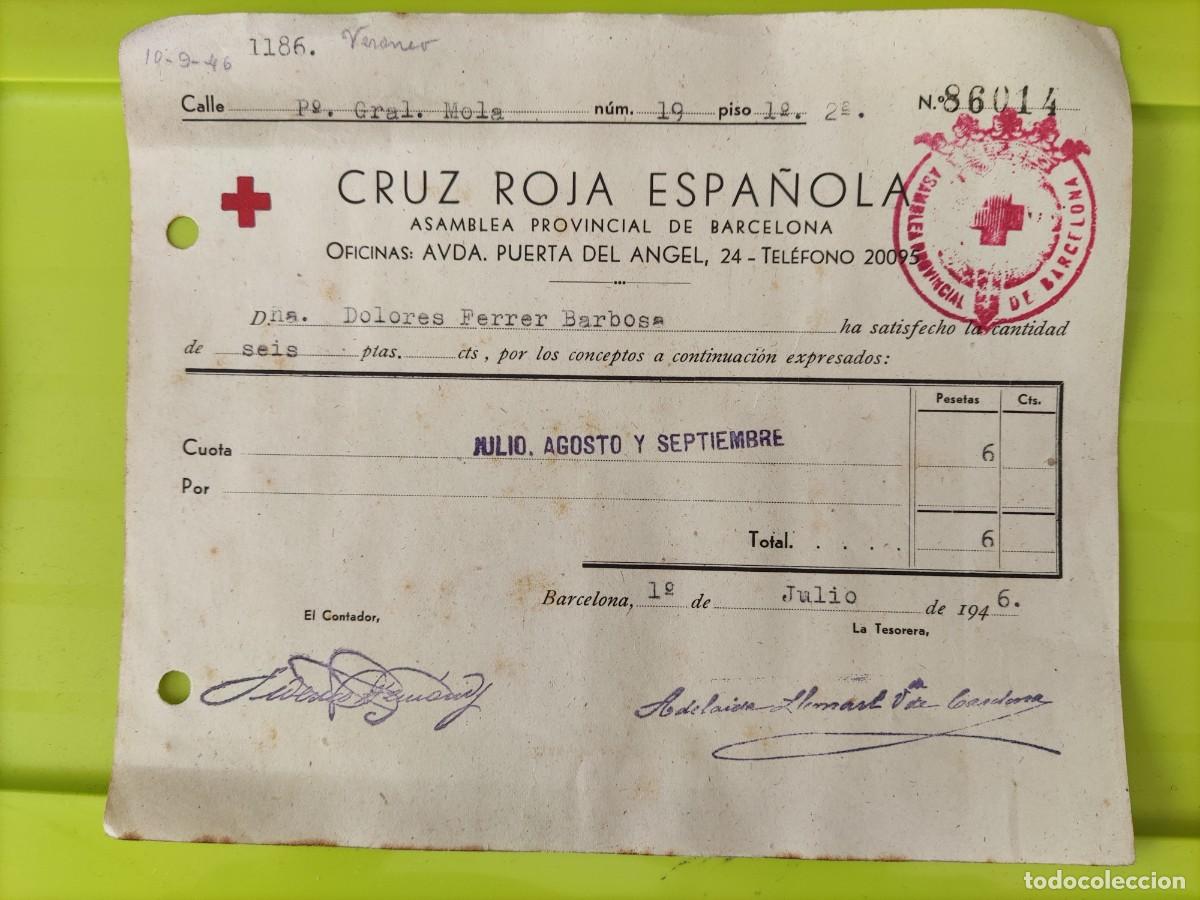Militaria: Recibo CRUZ ROJA ESPA&Ntilde;OLA. Julio de 1946