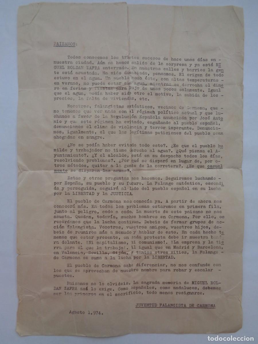 Military Antiques: FALANGE : PASQUIN POR LA MUERTE DE JOVEN EN CARMONA , JUNTA FALANGISTA DE CARMONA, 1974